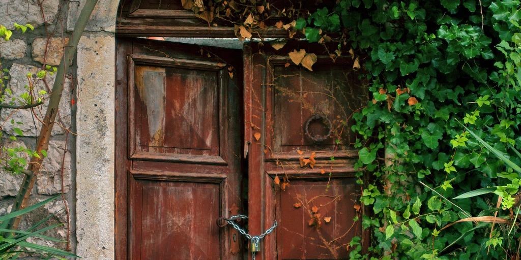 the-facade-of-an-old-rusty-door-overgrown-with-a-beautiful-green-arch-picture-id1201284038.jpg