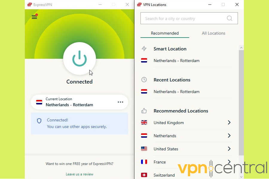 ExpressVPN connected to server