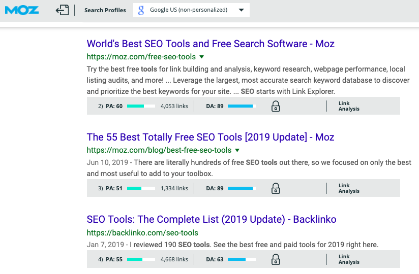 mozbar screenshot for keyword competitiveness