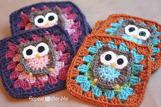 four owl granny squares in different colors lying flat