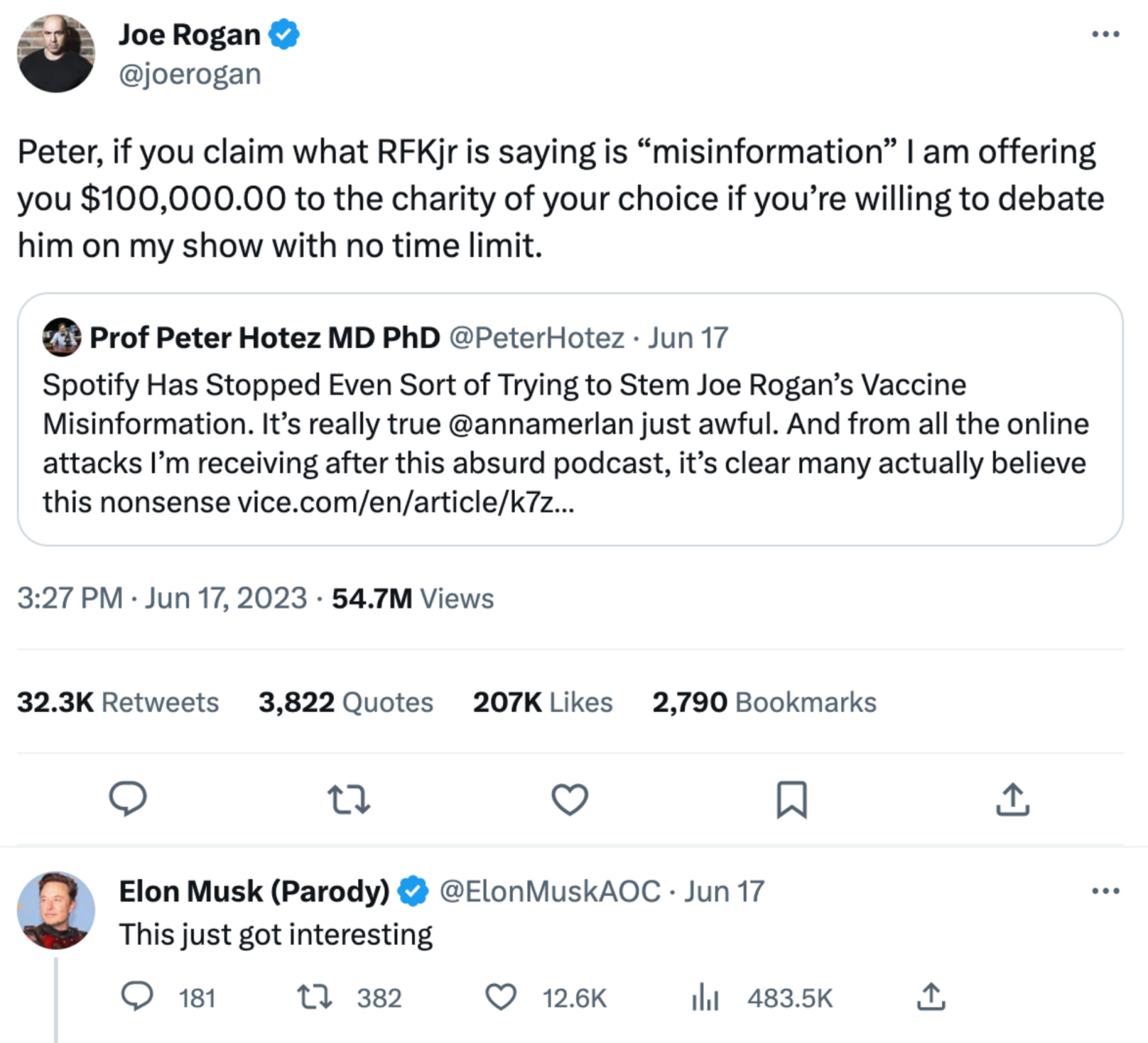 An image of a tweet from Joe Rogan with a reply from Elon Musk