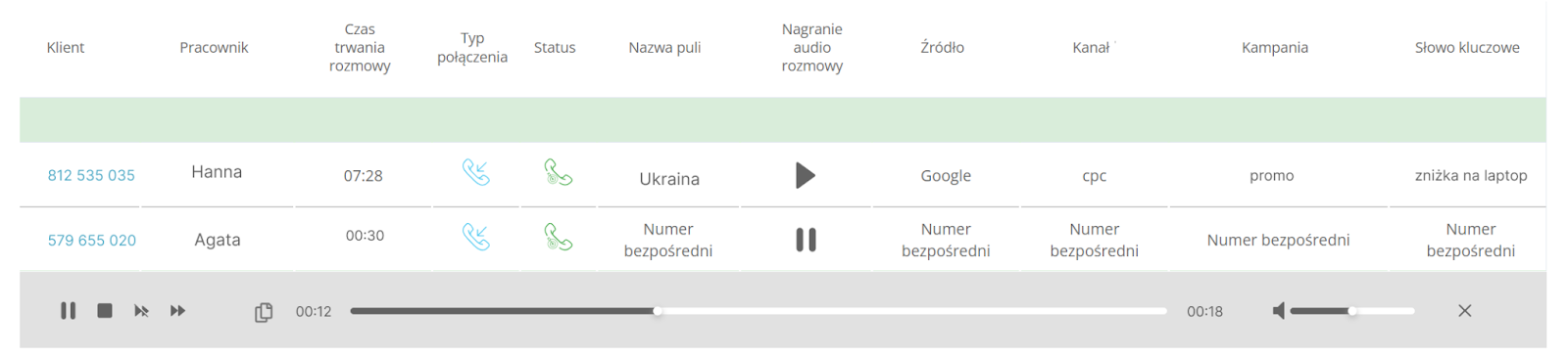 Odsłuchiwanie rozmów w dzienniku połączeń Ringostat