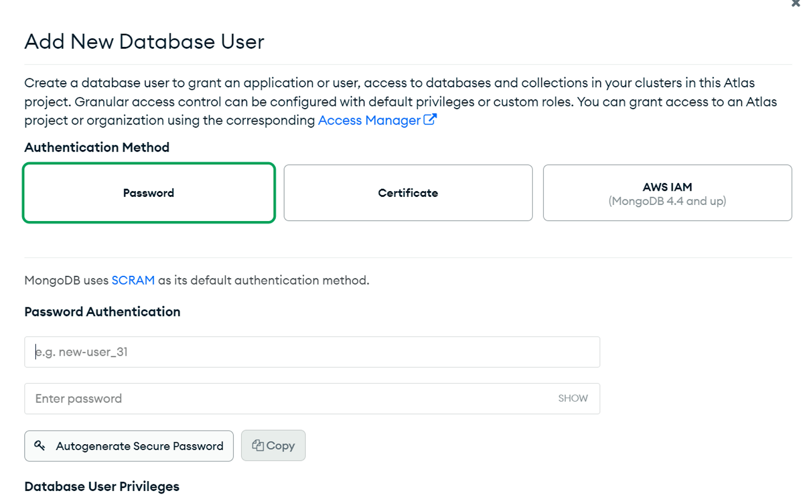 This image shows the window of adding a new database user