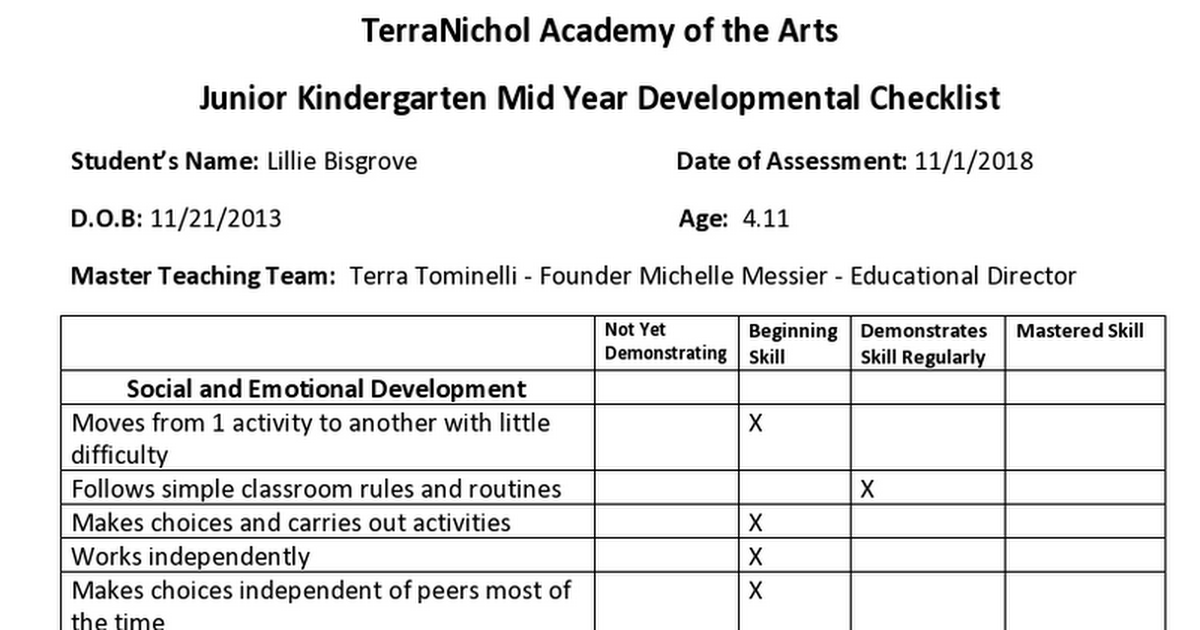 Lillie Bisgrove Junior Kindergarten 2018 Mid Year Developmental Checklist
