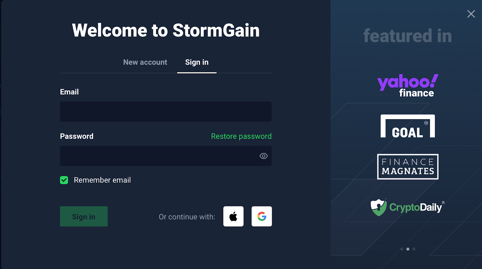 pagina Login StormGain