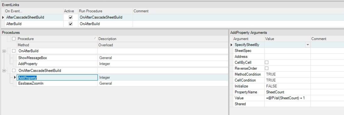  Next I added an EventLink that will be triggered AfterCascadeSheetBuild. This will be fired after each individual sheet is built.
The first method in this procedure is AddProperty. This method uses the @PVal() Dodeca function to get the current SheetCount property and increment it.