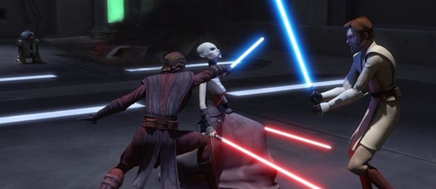 Asajj Ventress Dueling with Anakin and Kenobi