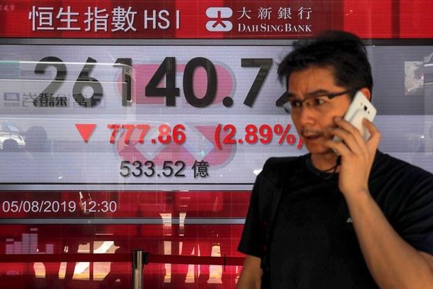 2019年8月5日香港恒生指数(HSI)的走势(美联社)