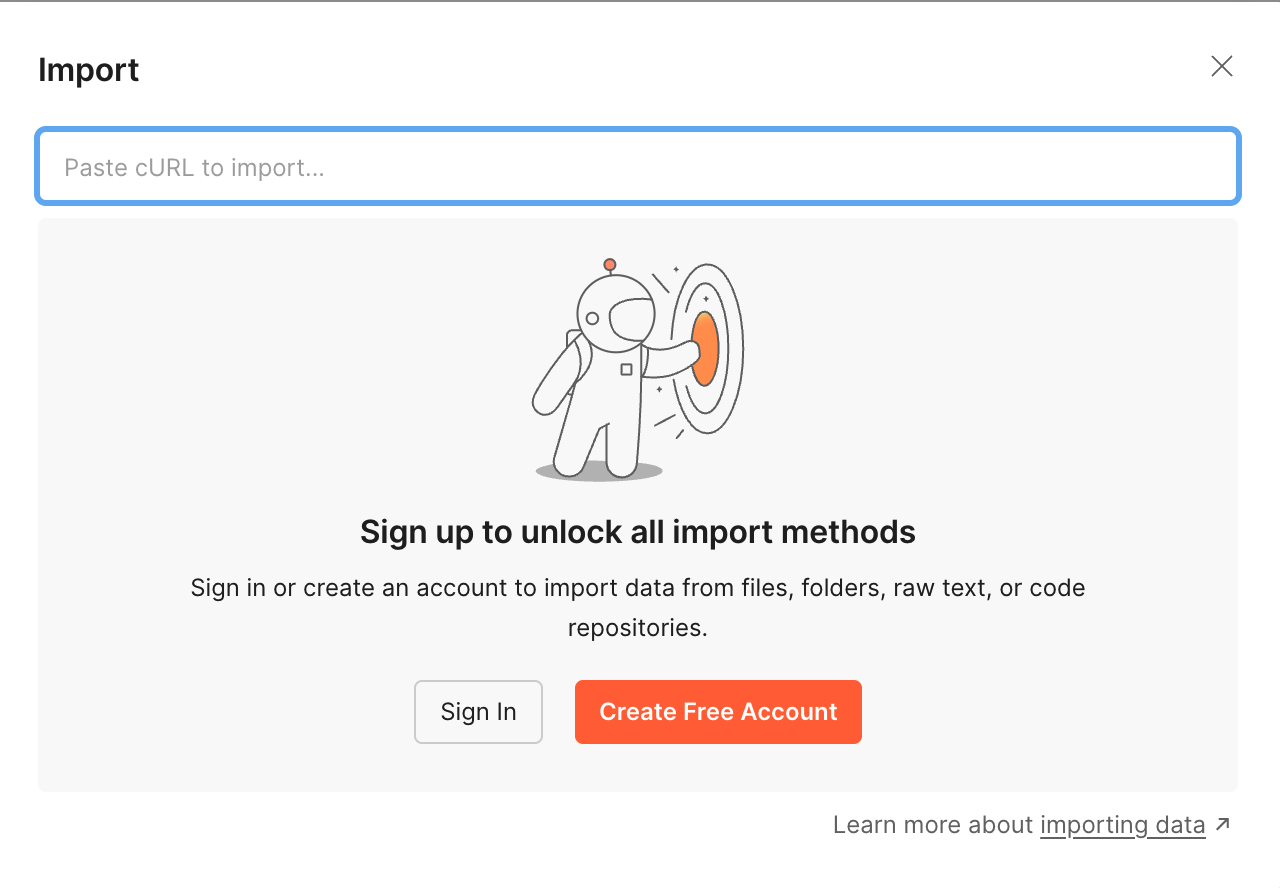 The Lightweight API Client's Import dialog showing only an option to Paste cURL commands, with text stating "Sign in or create an account to import data from files, folders, raw text, or code repositories".