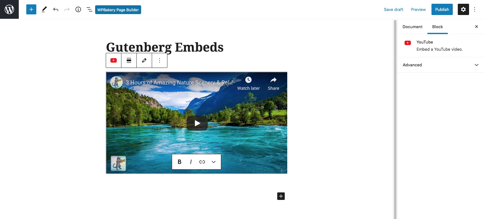 Exibição do WordPress oEmbed Gutenberg