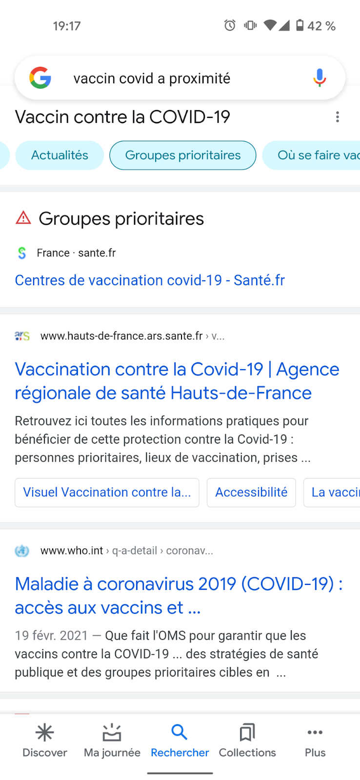 Capture d'écran d'une recherche de "vaccin covid a proximité"