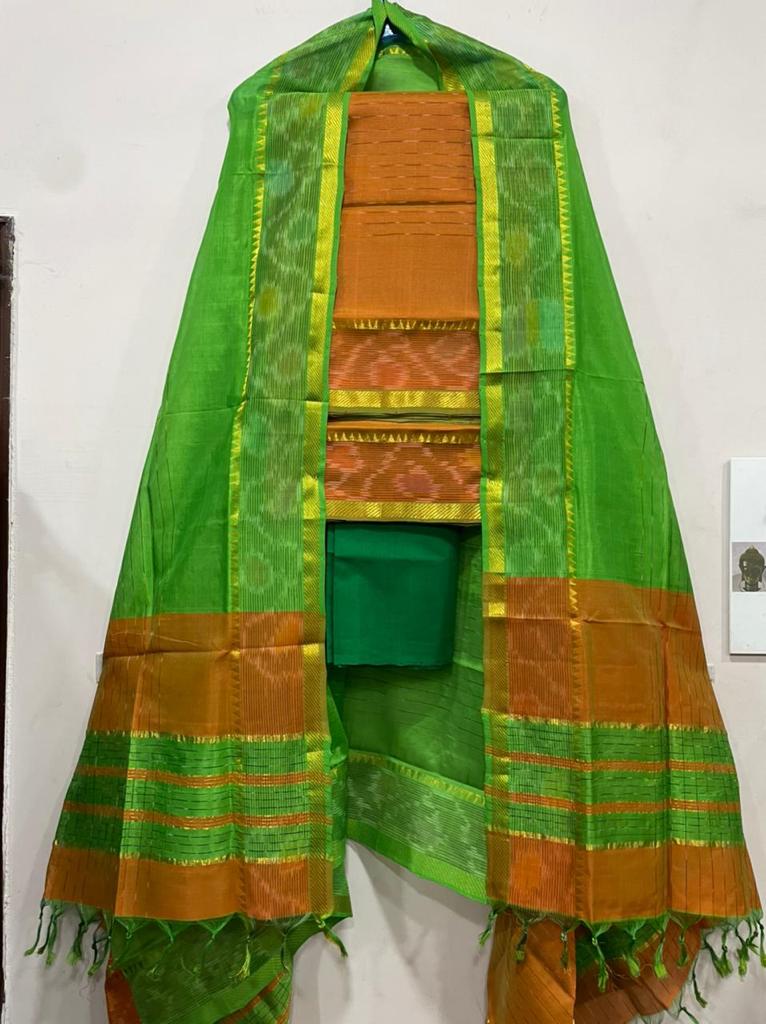 Mangalagiri Pattu By Cotton Pochampalli Border With Katari Pattu Dress Sets