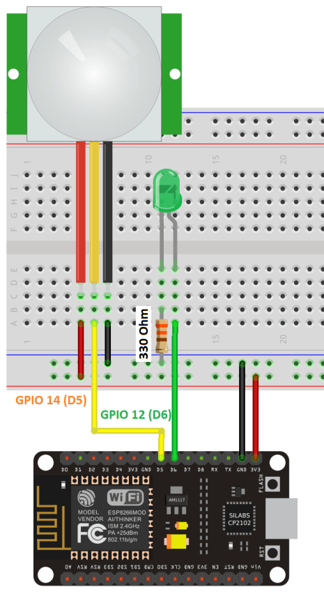 ESP8266 NodeMCU Interrupts and Timers with PIR Motion Sensor Schematic Circuit Diagram
