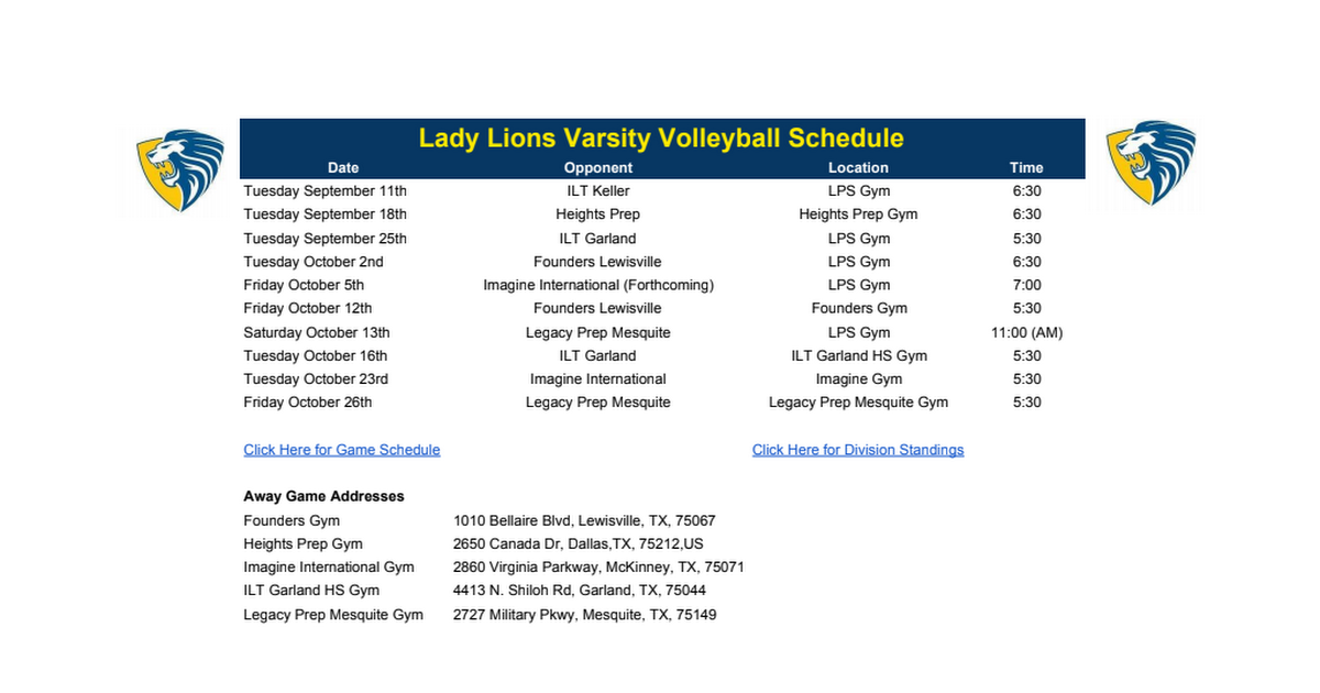 2018 Volleyball Schedules