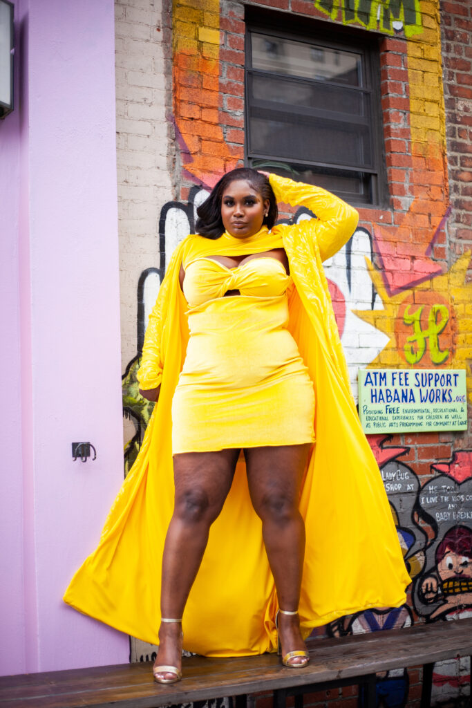 Courtney Noelle Forward Collection-Plus Size Clothing Deja Yellow Velvet One sleeve dress