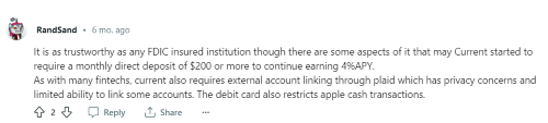 A Current Bank review from a user who likes that their account is FDIC-insured. 