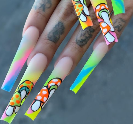 Neon Mushrooms ombre coffin nail designs