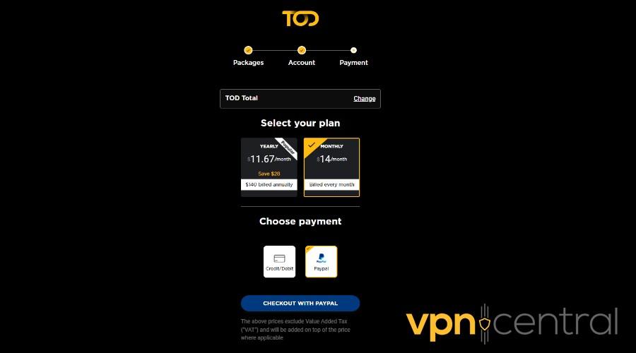 tod tv select plan and payment method