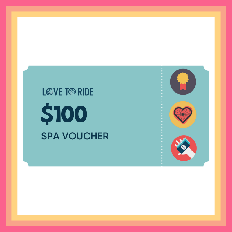 A square asset with a pink and orange stripy border. The asset in the centre is a spa voucher for $100.