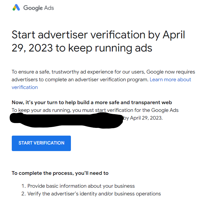 Google Ads Verification Email
