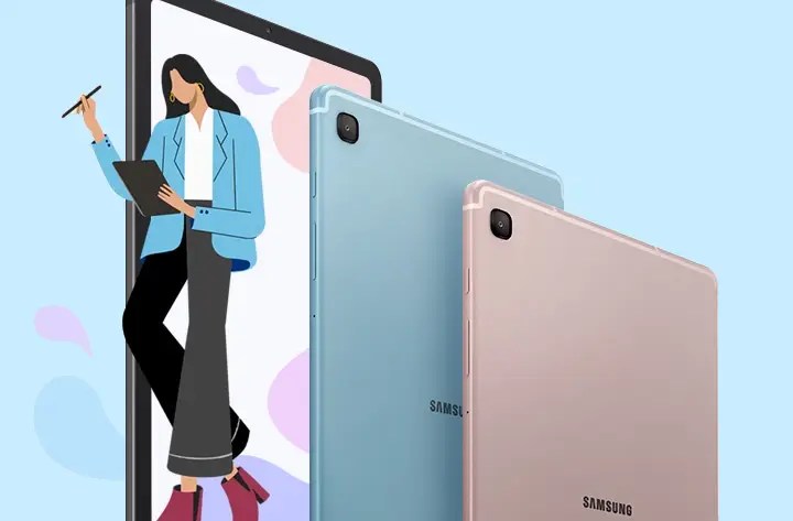 This image shows the two Samsung Galaxy Tab S6 Lite 2022 with a cartoon girl. 