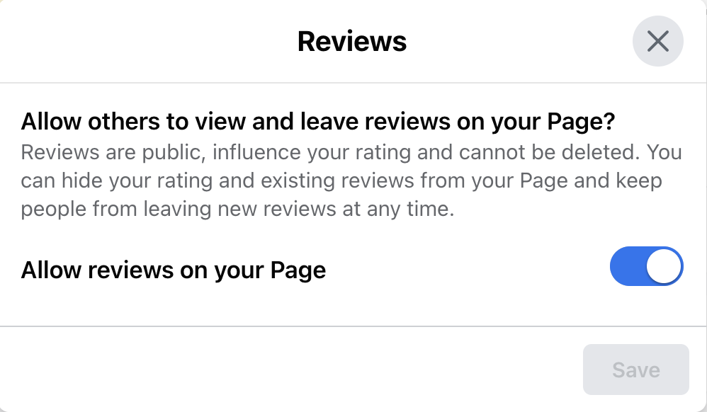 Facebook's option to remove the Reviews tab from your profile page so no reviews will be visible.