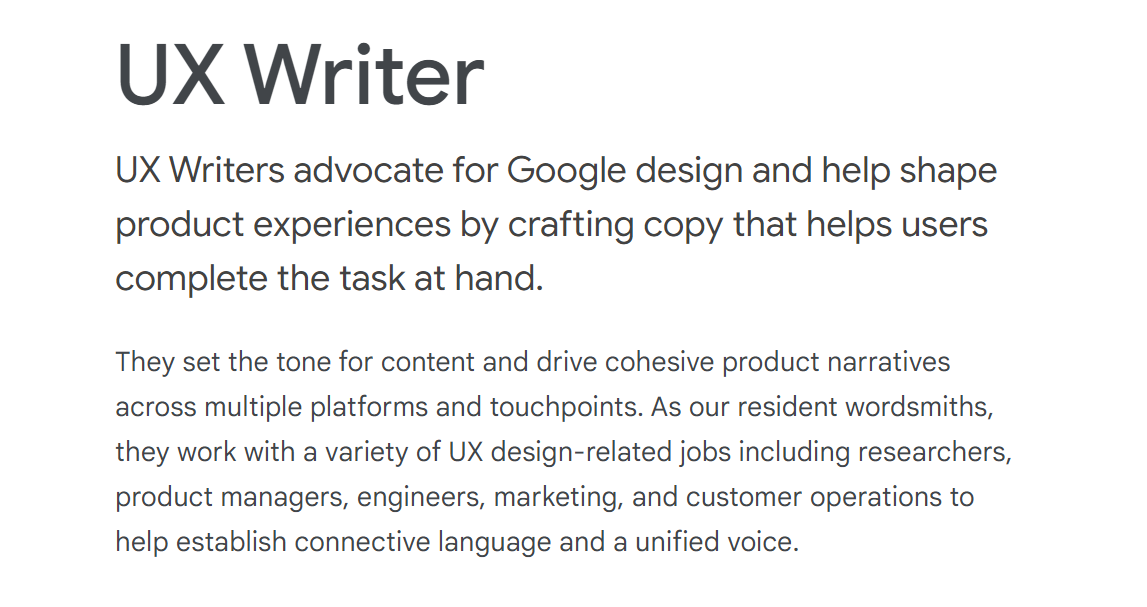 UX writer job description by Google