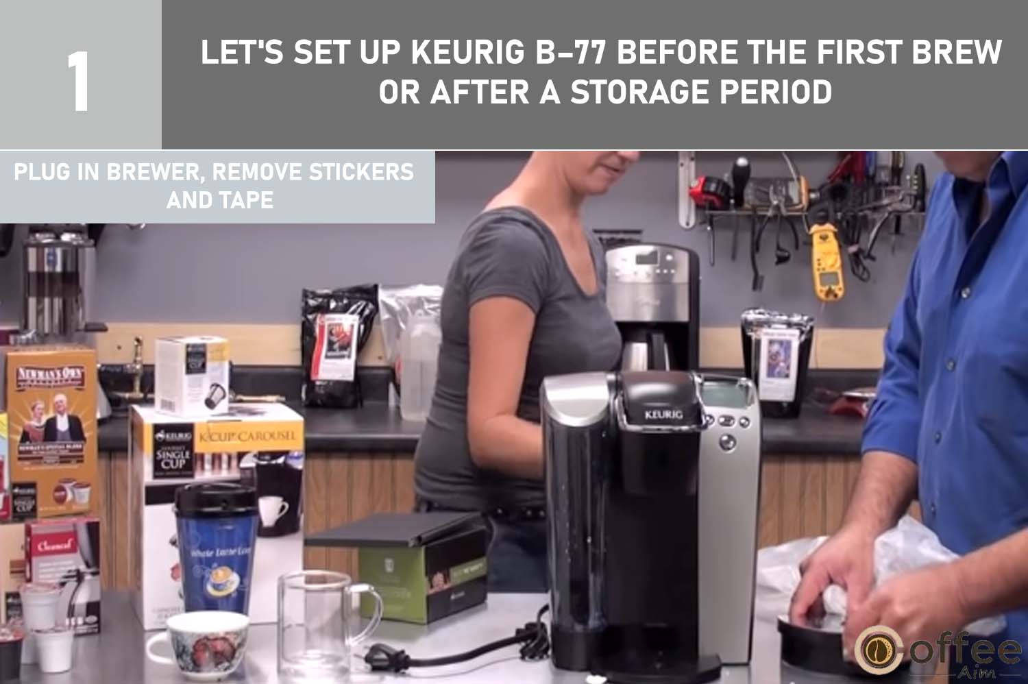 Unplug the cord and connect the Keurig B-77 to a grounded outlet. Remove plastic stickers from the LCD and all packing tape pieces for setup completion.