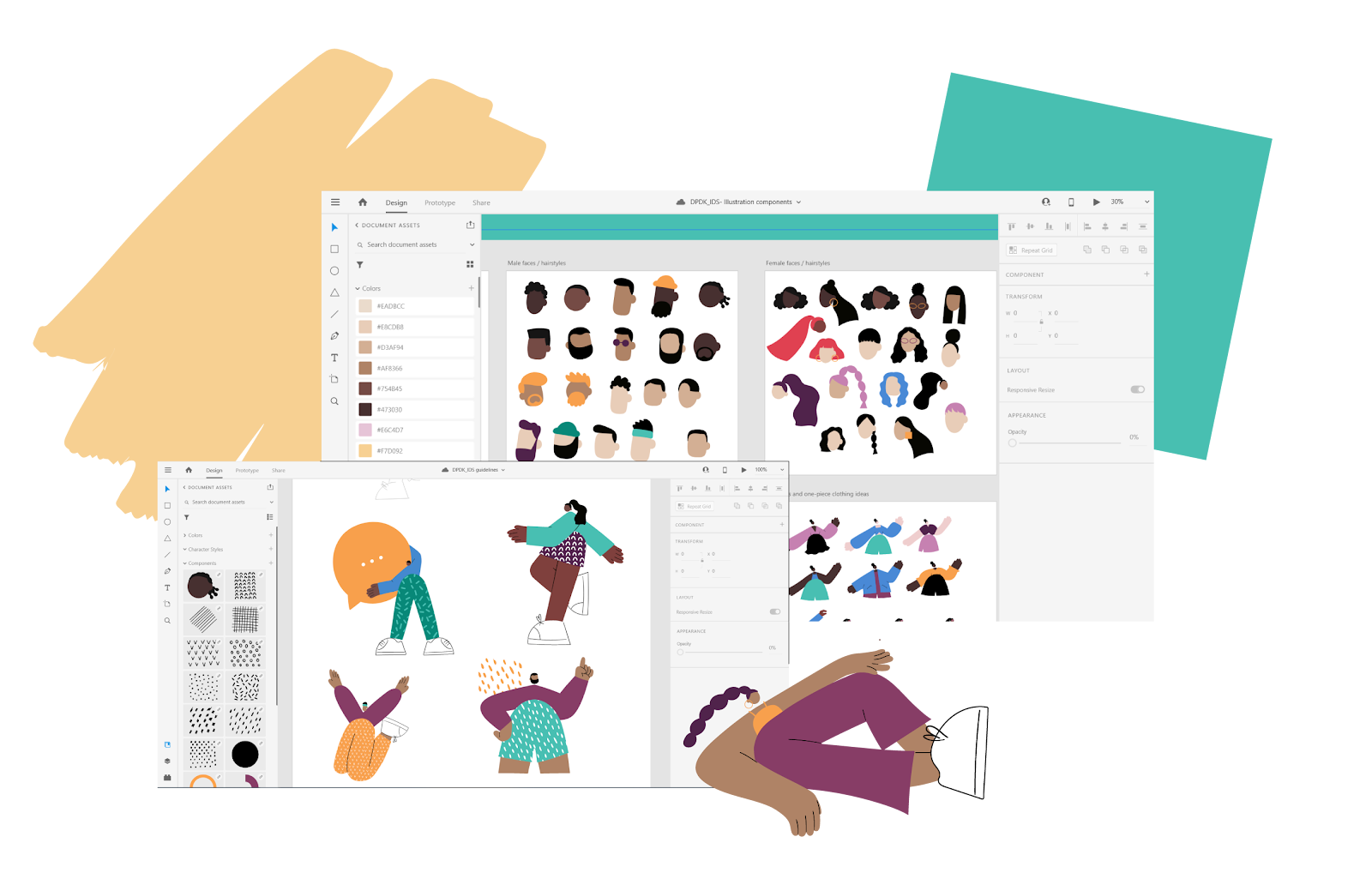 A snapshot of screens in Adobe XD, showcasing DPDK's inclusive design system with its different characters of diverse backgrounds.