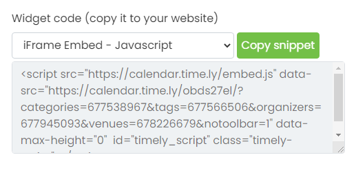 print screen of Timely event platform widget code section