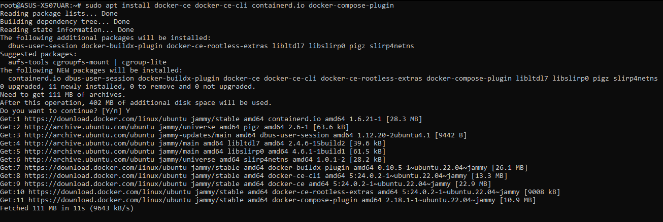 sudo apt install docker-ce docker-ce-cli containerd.io docker-compose-plugin