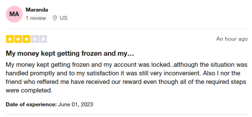 A three-star Revolut review from a customer who had issues with their money getting “frozen.” 
