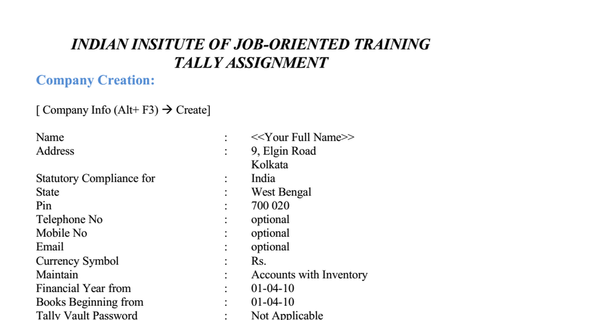 practical assignment for tally.erp 9