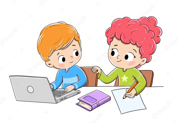 Niños haciendo la tarea con una computadora, un libro y un lápiz | Vector  Premium