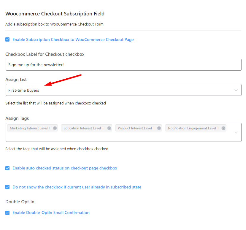 fluentcrm woocommerce subscription checkbox, add woocommerce subscription checkbox, segment woocommerce contacts