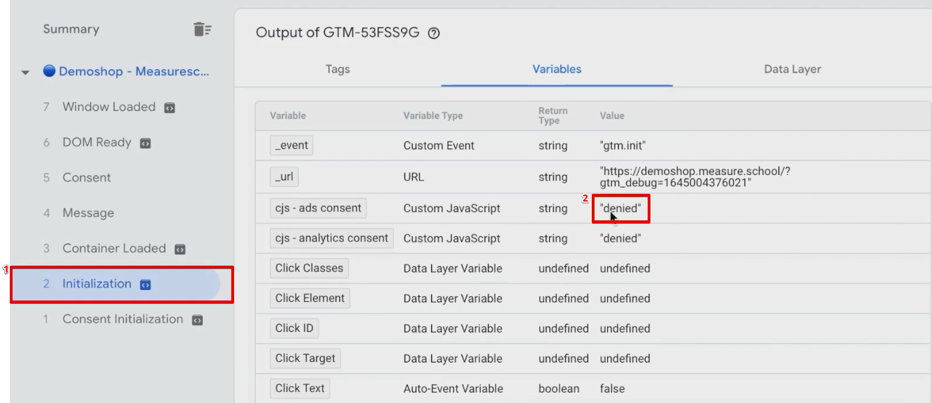 Initialization window showing cjs - analytics consent being denied