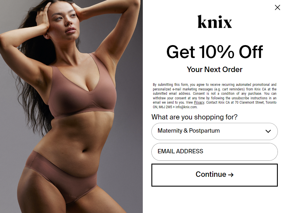 knix newsletter sign up screenshot