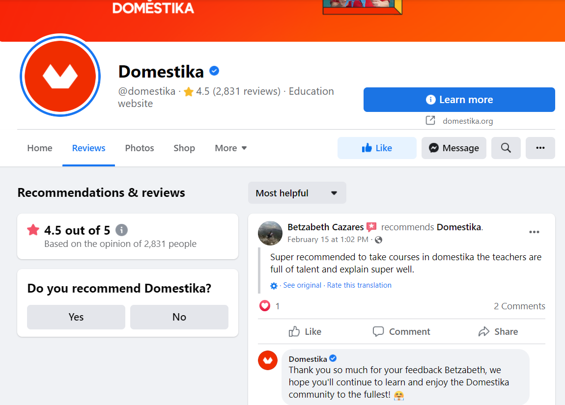Domestika's facebook review page where a customer recommends the platform