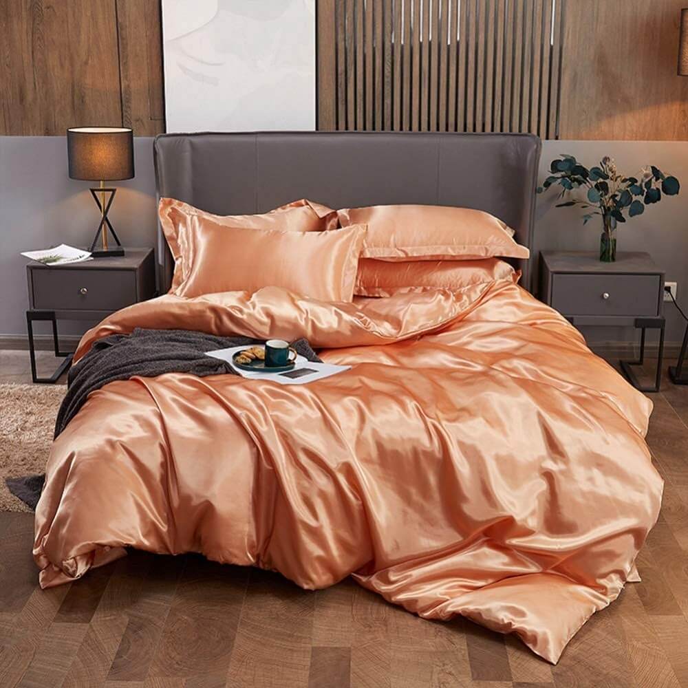 Bộ drap giường phi lụa đơn sắc màu cam trẻ trung