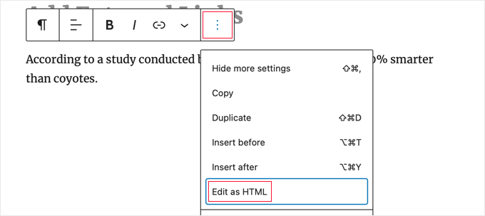 Mudando para a Visualização HTML de um Bloco no Editor de Blocos do WordPress