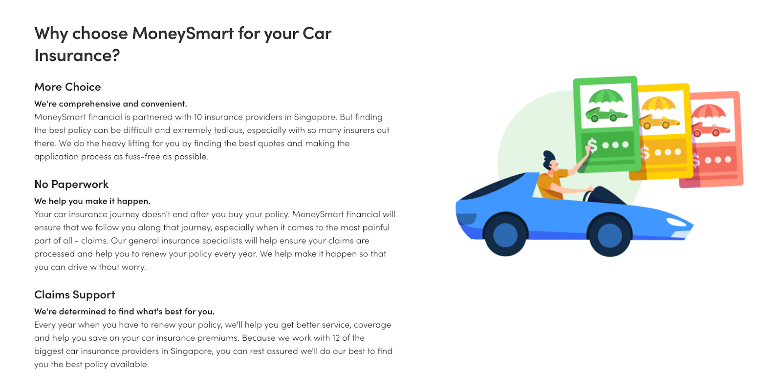 A screenshot from MoneySmart's website. It contains text that describes why MoneySmart is the best way to find car insurance.