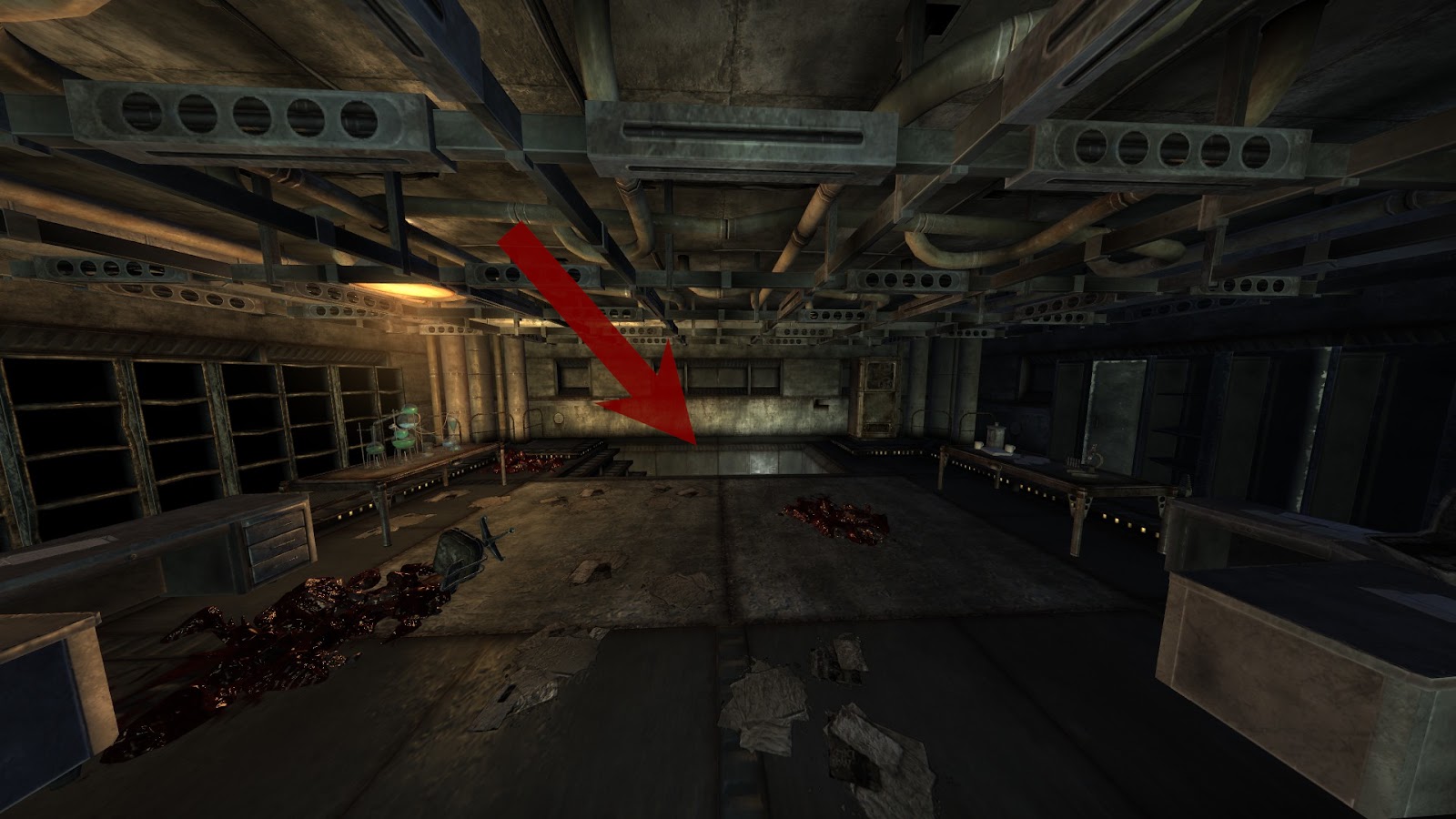 Area which you’ll enter into, staircase pointed out by an arrow. | Fallout: New Vegas