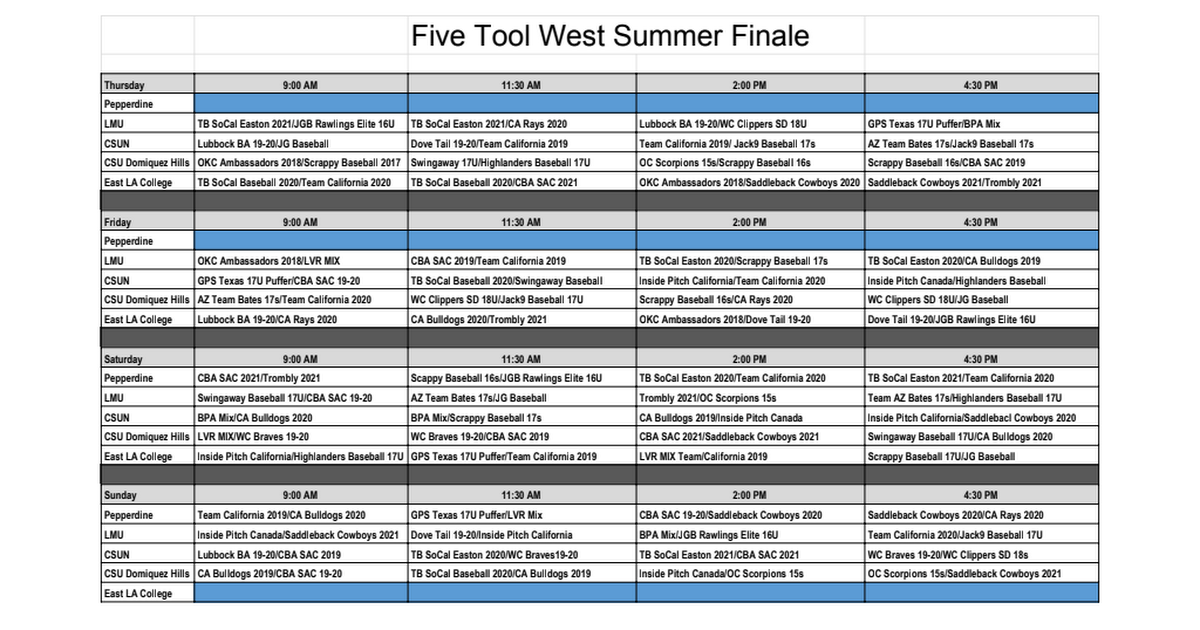 SoCal Schedule Google Sheets