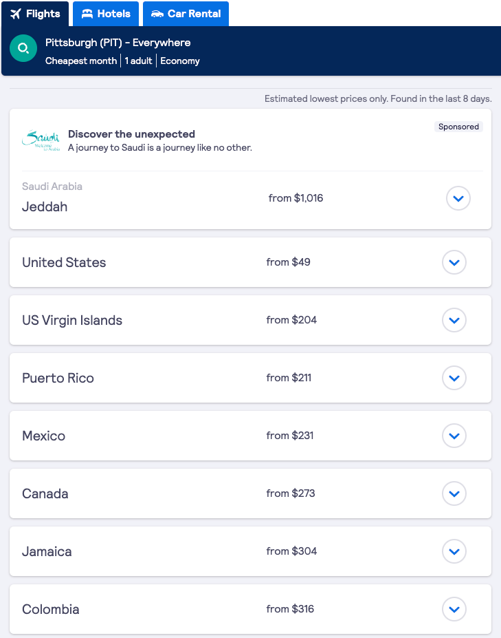 Skyscanner groups the options by state or country