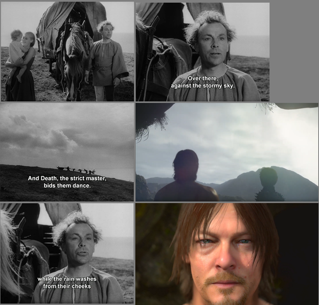 This image is a composite of shots from both The Seventh Seal and Death Stranding to show their parallels. This particularly composite compares a man looking out onto the sky to Sam looking at the sky as they both contemplate death.