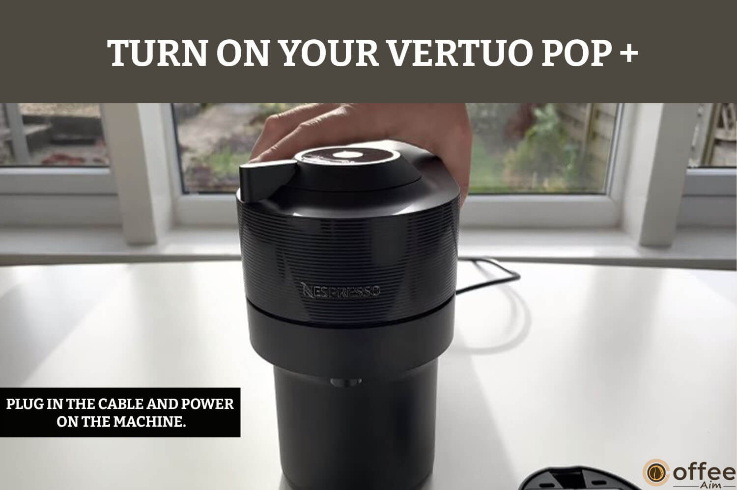 This image illustrates the process of activating your Vertuo Pop+ by plugging in the cable and initiating the machine, either by pressing the single button located on its head or by turning the lever to the left into the locked position. This step is detailed under the heading 'Turn On Your Vertuo Pop+' in the article 'Unboxing of Nespresso Vertuo Pop+."