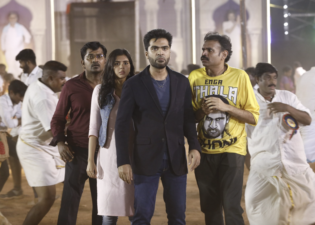 Silambarasan Rajendar, Premgi Amaren, Karunakaran, and Kalyani Priyadarshan in "Maanaadu"