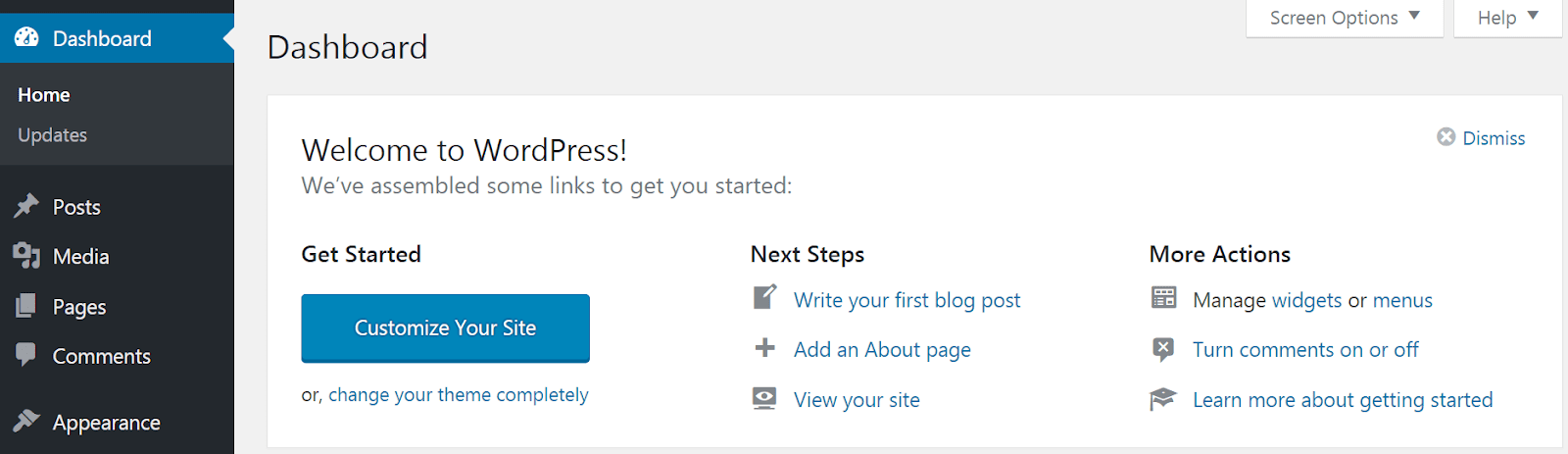 O widget de boas-vindas no painel do WordPress.
