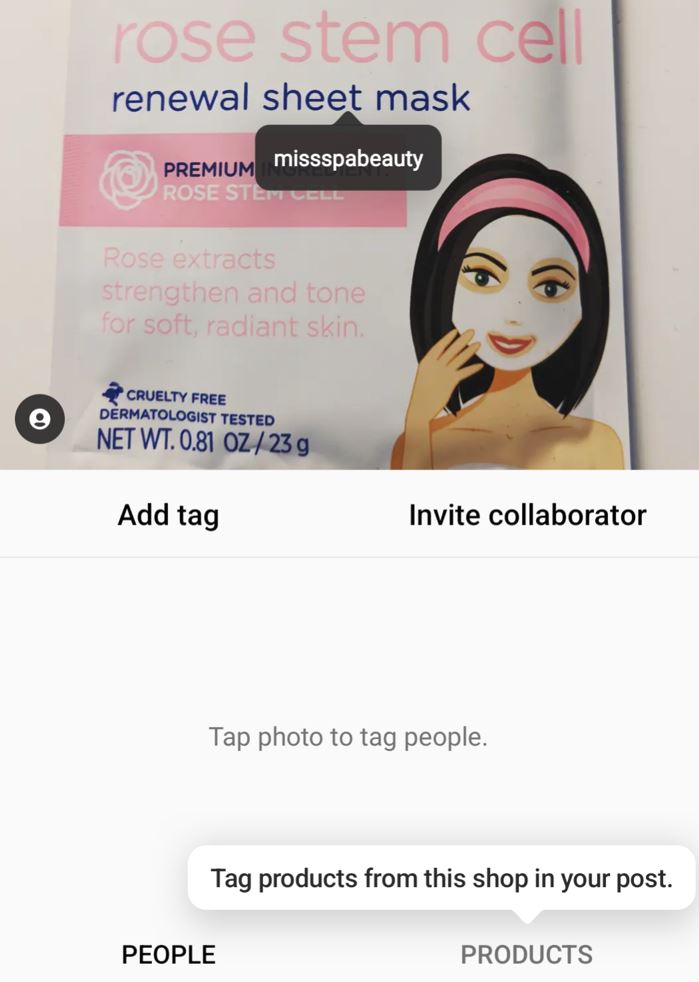 Instagram screenshot showing the option to tag products from a brand's shop to your post