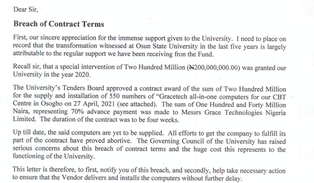 Contract Breach and Delayed Execution of UNIOSUN, TETFUND N200 million ‘Customised Computers’ Project 1